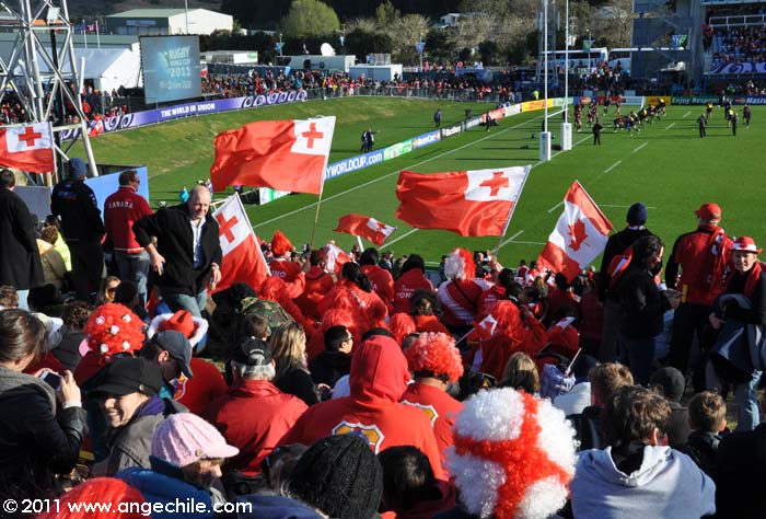 Banderas en el estadio durante un partido del mundial de Rugby en Nueva Zelandia.