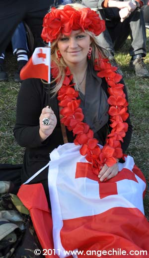 Una hincha de tonga durante un partido del mundial de Rugby en Whangarei