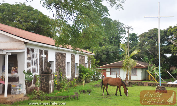 Un caballo afuera de la Iglesia de Isla de Pascua